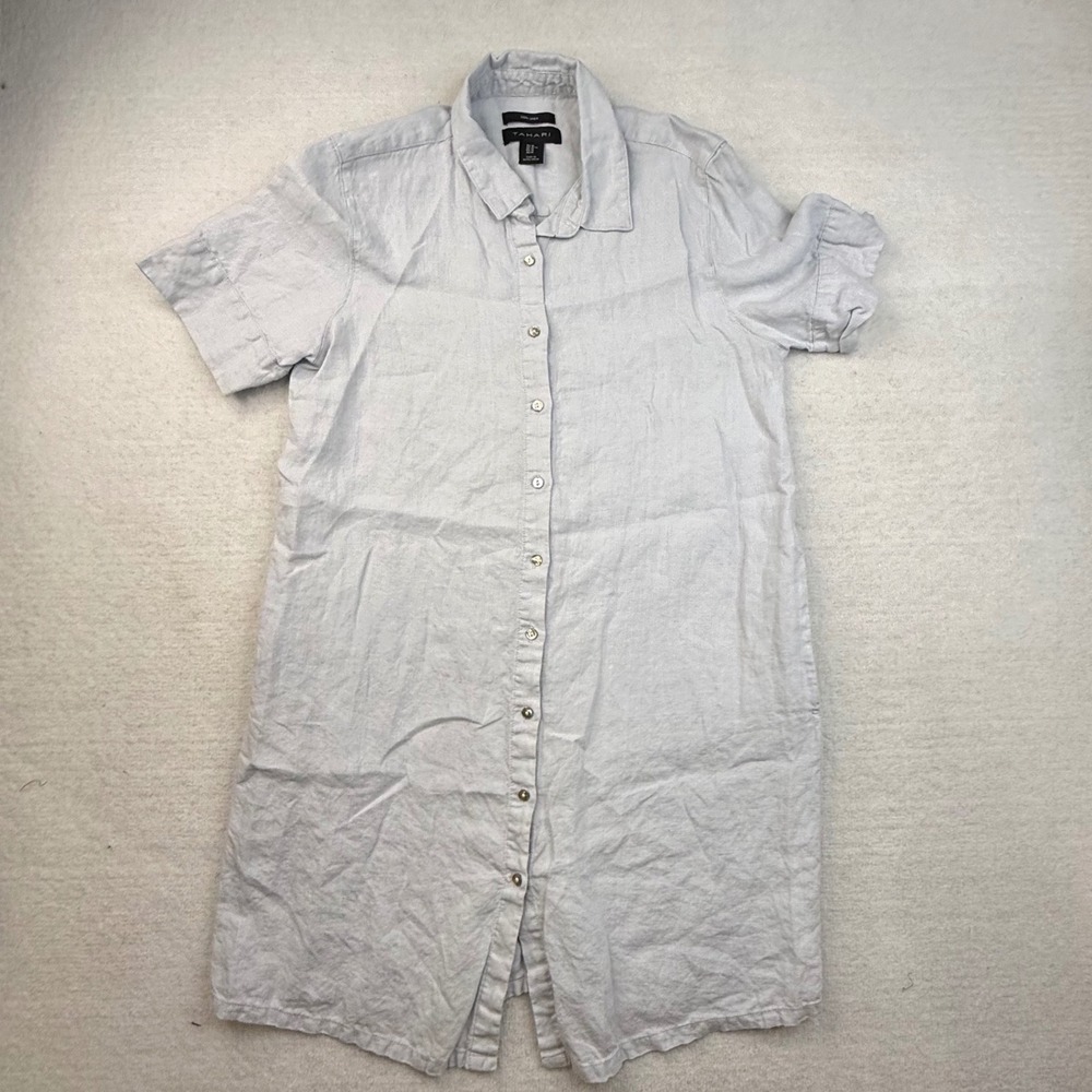 Tahari Womens Light Gray 100% Linen Short Sleeve Dress M minimalist Lagenlook - Picture 5 of 8